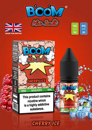 Bottle of Cherry Ice Boom Nic Salt featuring striking deep red and cool blue‑white packaging with stylized cherry graphics and icy crystal accents, highlighting the flavor name ‘Cherry Ice’ and nicotine strength options (10 mg and 20 mg), formulated with a 50/50 VG/PG blend for smooth, refreshing pod‑system vaping.
